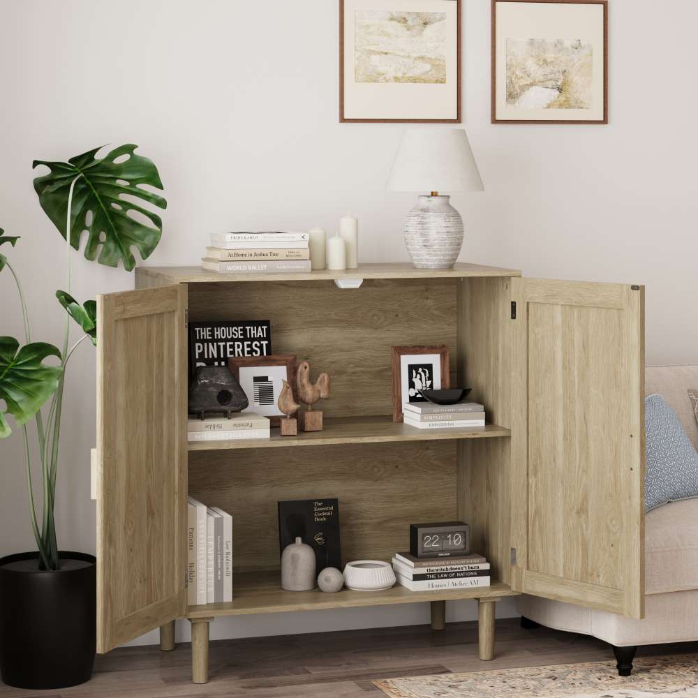 Buffet 2 portes en rotin, 80cm, rangement spacieux, anti-basculement – pour salon, salle à manger, entrée - 2