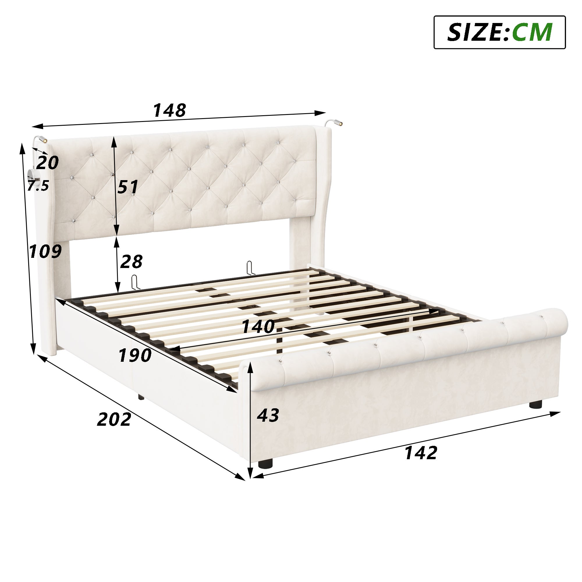 Lit coffre 140x190 velours beige, tête de lit avec LED et port USB, sommier à lattes inclus, rangement hydraulique à vérins, chambre adulte - 5