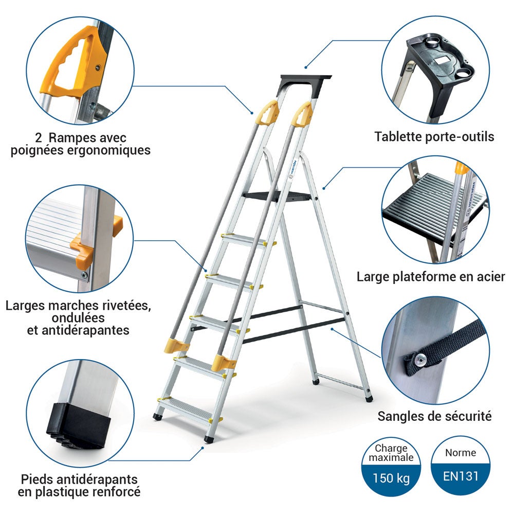 HOSTRÖM Escabeau 6 marches DURAMP sécurisé avec rampes, tablette porte-outils, marchepied pliable aluminium, hauteur plateforme 119cm, garantie 5 ans - 2