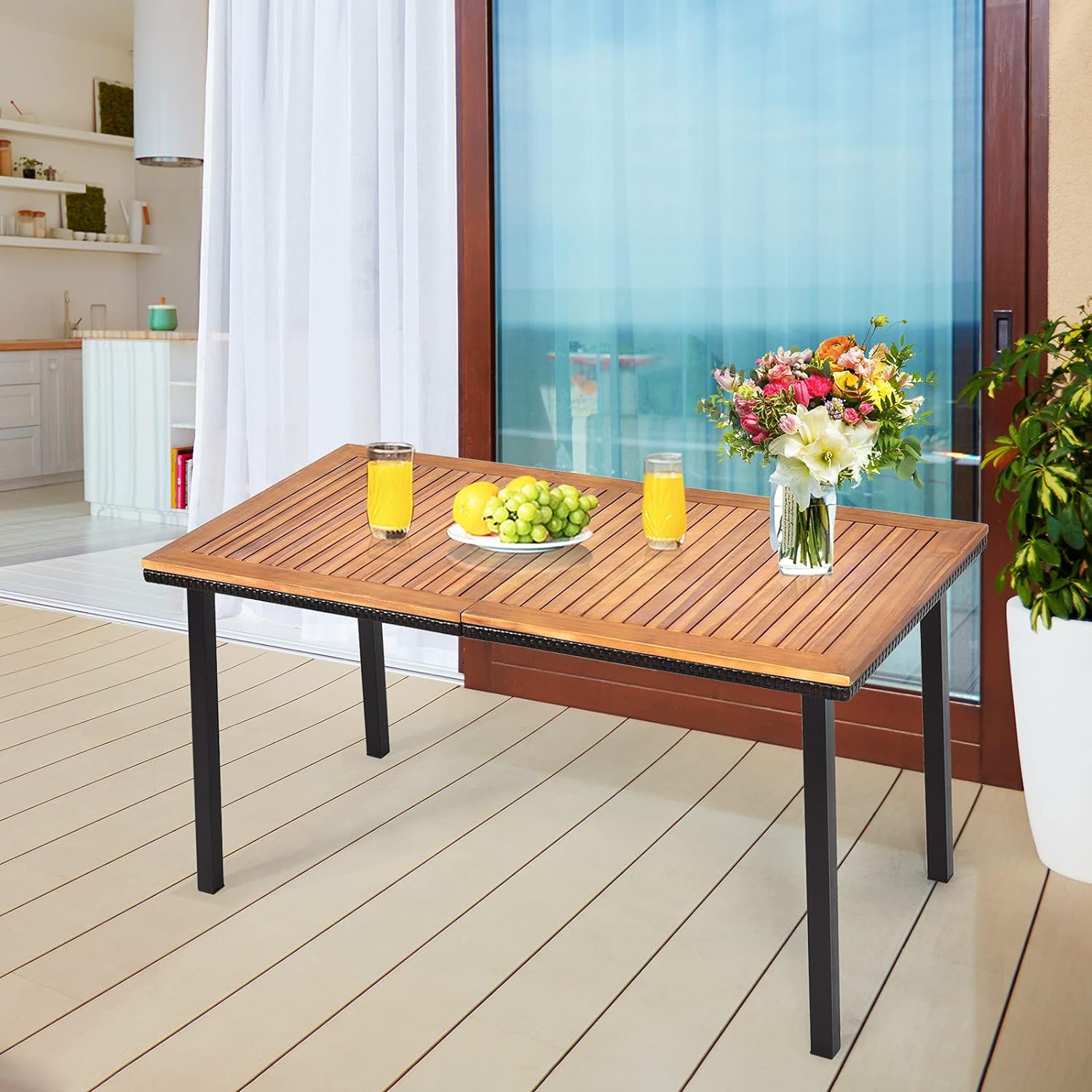 Table de Jardin en Acacia Massif Certifié FSC, avec Trou de Parasol, 140Lx75lx76H CM,Table à Manger d'Extérieur 6-8 Personnes, Naturel - 8