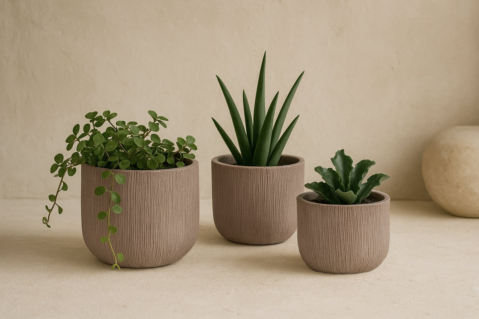 ZESTAW 3 OKRĄGŁYCH CERAMICZNYCH DONICZKÓW Z PIASKU - 2