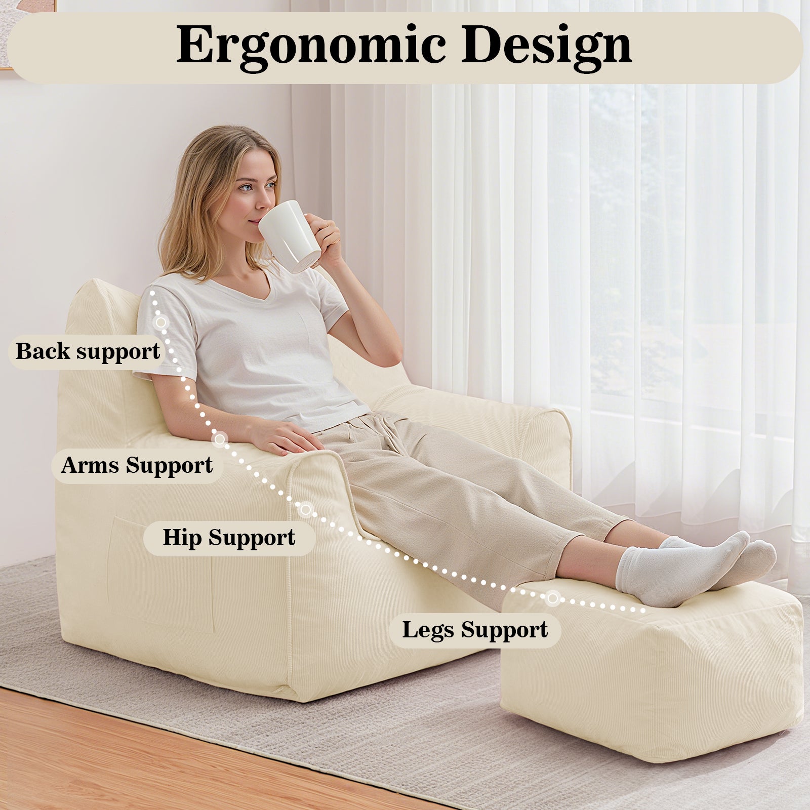 Poltrona in velluto a coste, poltrona a sacco con poggiapiedi, 90x75x75cm, per camera da letto, soggiorno, regalo di Natale - Beige - 5