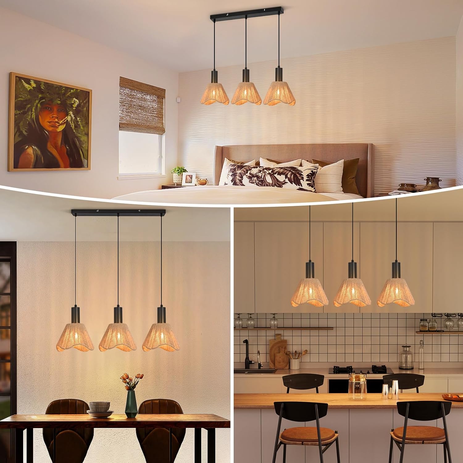 Lampa wisząca Nettlife Boho Rattan z 3 żarówkami – żyrandol z plecionej liny konopnej w stylu vintage, E27 (żarówki nie są dołączone) - 5