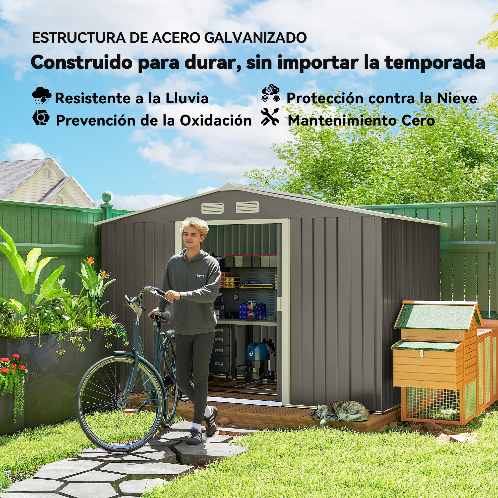 Abri jardin 4,9 m² 277x195x192 cm gris, 2 portes coulissantes, base renforcée, sol non inclus, cabanon - 6