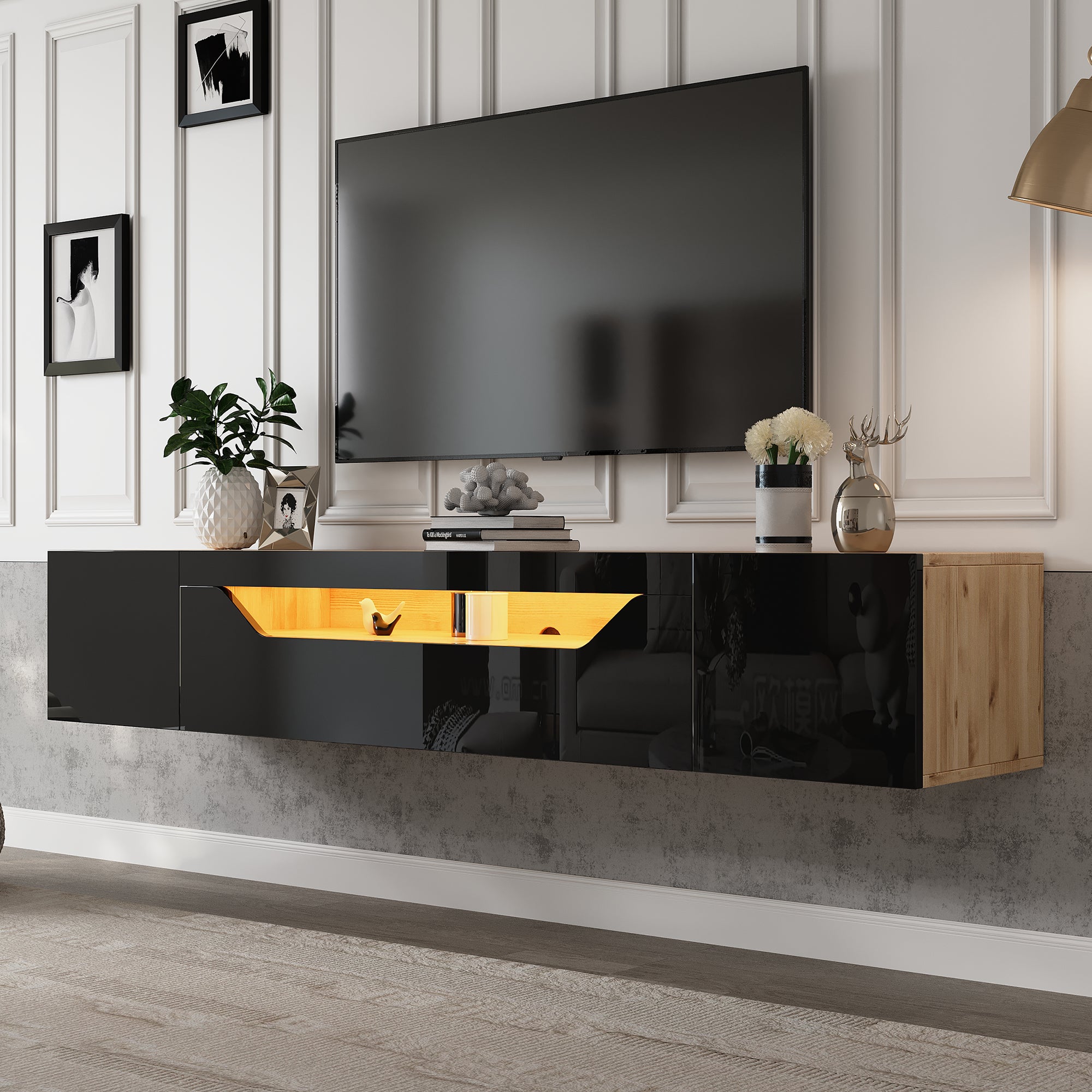 Szafka RTV z 3 drzwiami do telewizorów do 75 cali - 180 x 37 x 36 cm - LED - Płyta wiórowa - Czarny + naturalny