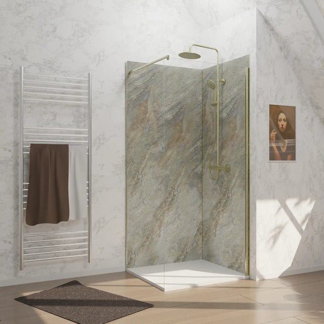 Pack 2 Panneaux Muraux Pierre Wood Stone 90x210 cm + Profilés Or Brossé