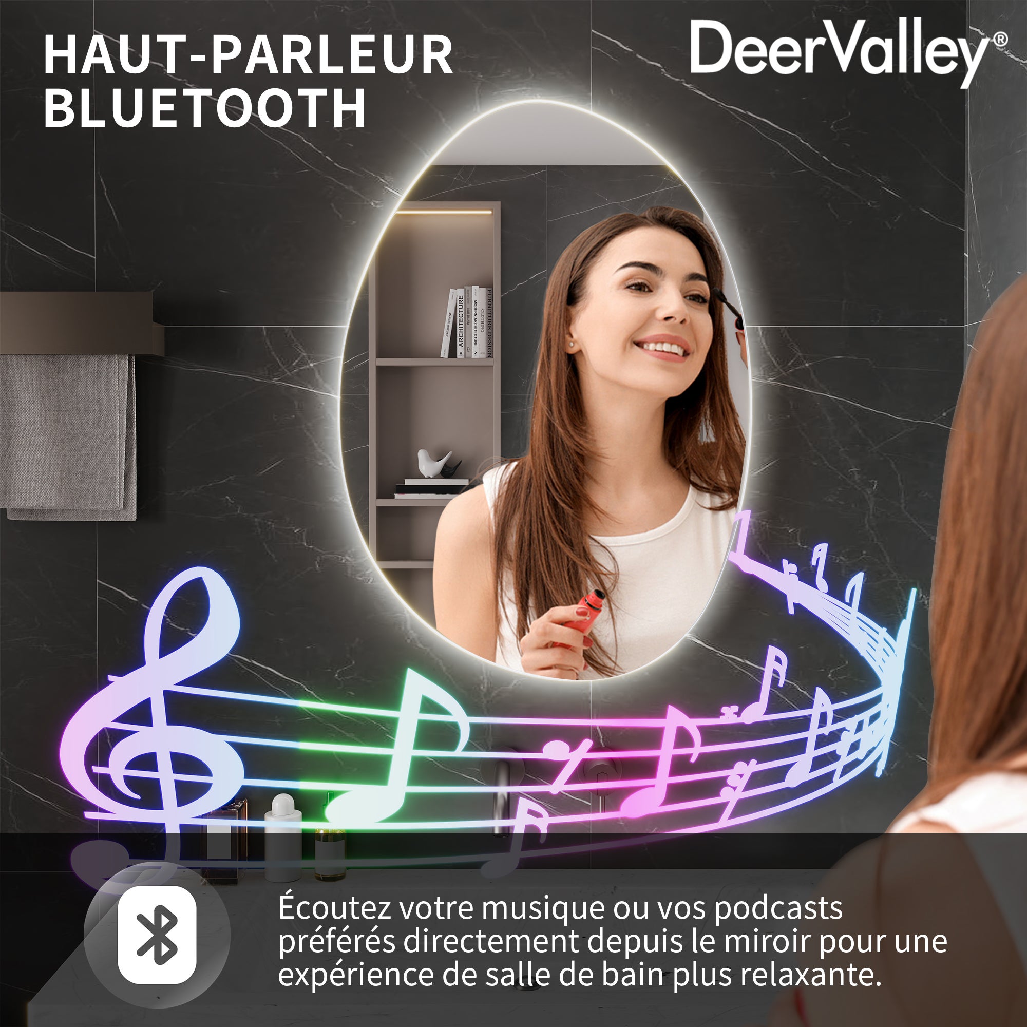 Miroir de Salle de Bain LED 50x70cm – Anti-buée, Bluetooth, 3 couleurs 3000K-6000K – Miroir lumineux salle de bain variateur & mémoire - 5