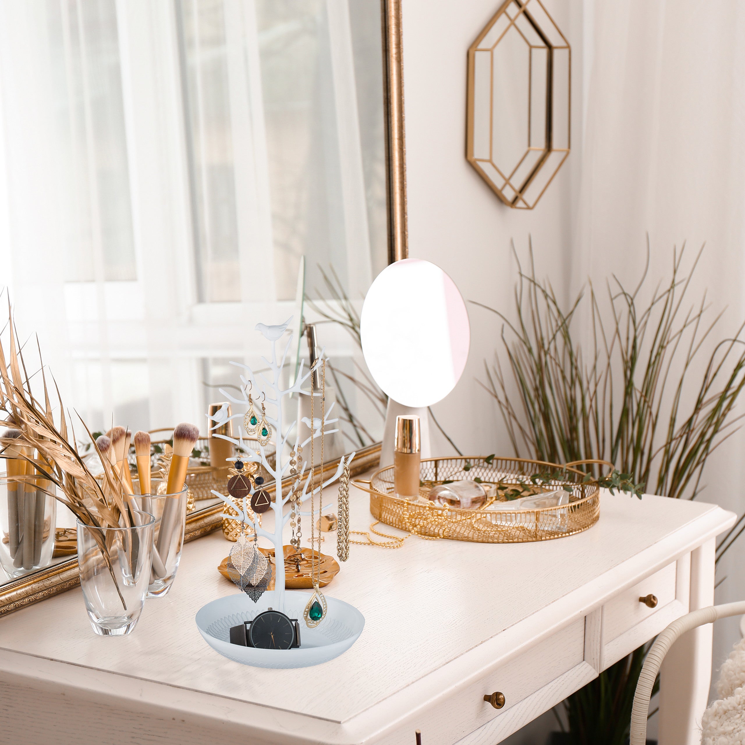 Porte-bijoux en forme d’arbre, pour colliers, boucles d’oreilles, bracelets, HxLxP 30 x 16 x 15 cm, blanc, Relaxdays - 2