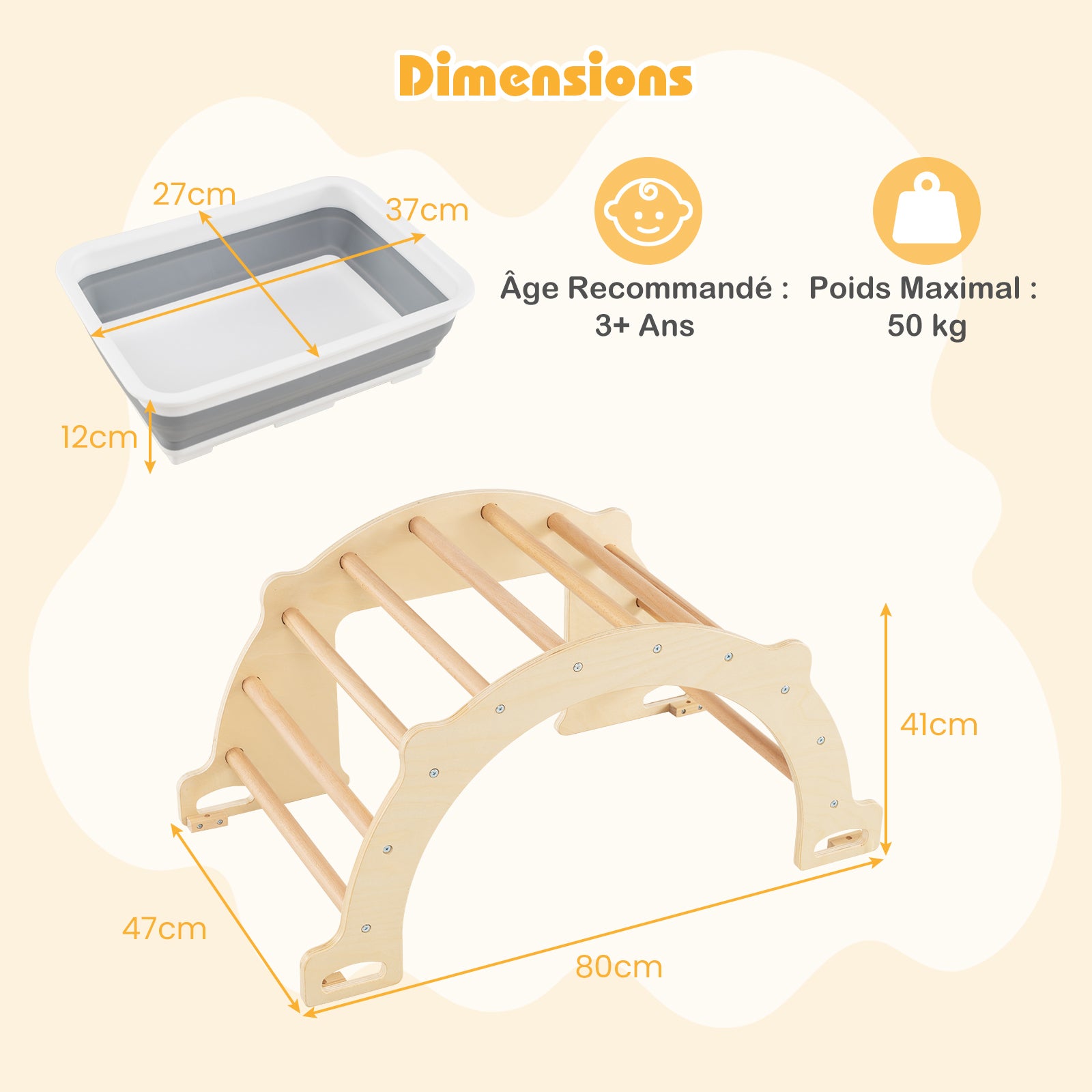 8 en 1 Arche d'escalade Montessori en Bois avec Bac Pliable, Chaise à Bascule Enfant avec Dispositif Anti-basculement,Charge 50kg pour 3 Ans+ - 3