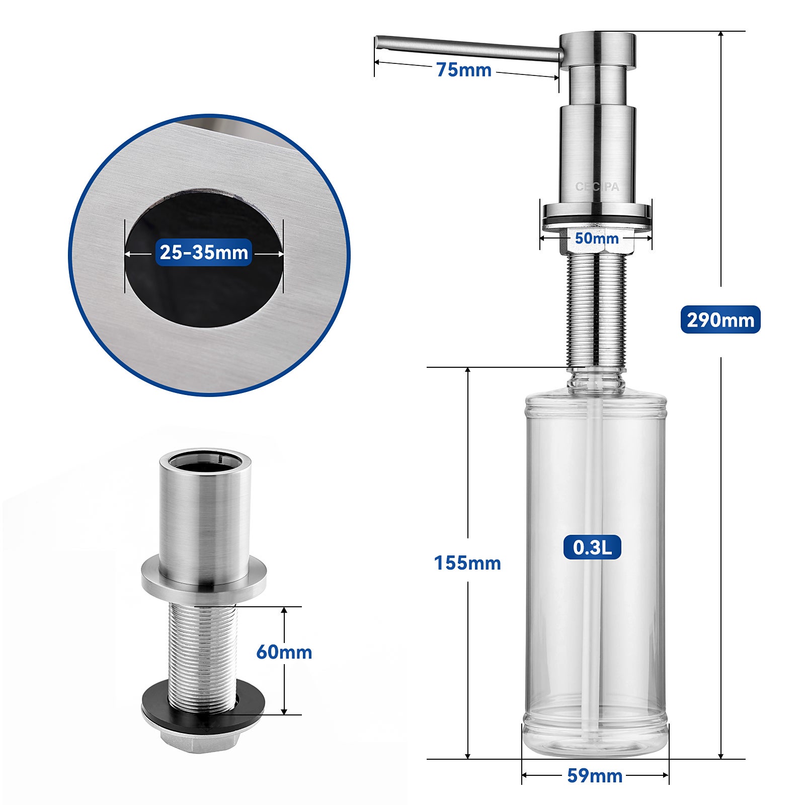 Cecipa max Distributeur de Savon de Cuisine Brossée Distributeur de Savon pour Evier avec Récipient + Tuyau d'extension en Silicone,EU Modèle - 6