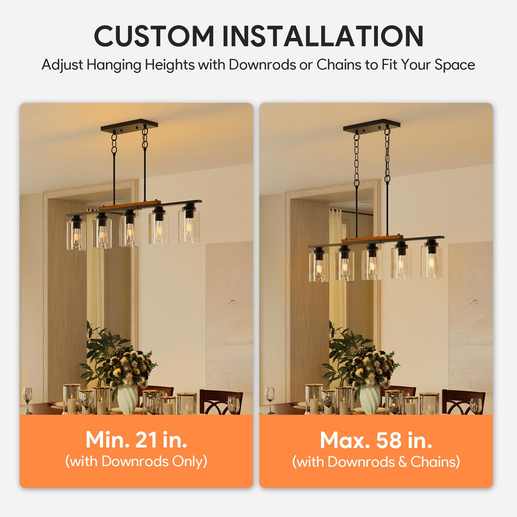 Lustre de cuisine 5 lumières avec tiges réglables, décoration rustique, suspension en métal avec abat-jour en verre, luminaires pour îlot de cuisine - 9