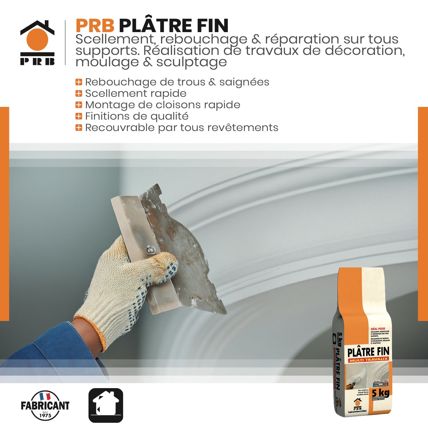 Plâtre Fin 5kg - Rebouchage, Scellement et Décoration - Prise Rapide - Application Facile - Finition Lisse - Pour Murs et Plafonds Intérieurs - 2