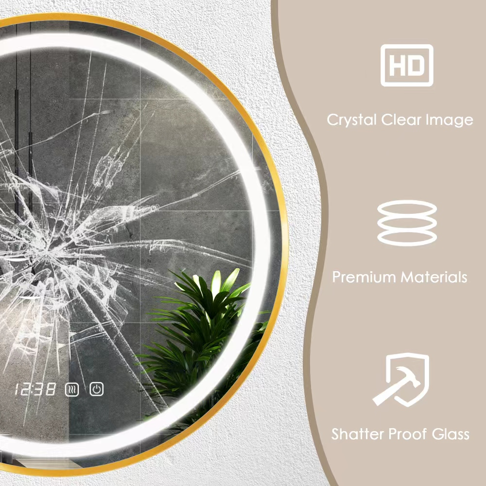 Miroir salle de bain LED 60x60cm anti buée à luminosité variable avec cadre doré - Eclairage 3 Couleurs - Miroir mural tactile à LED - 5