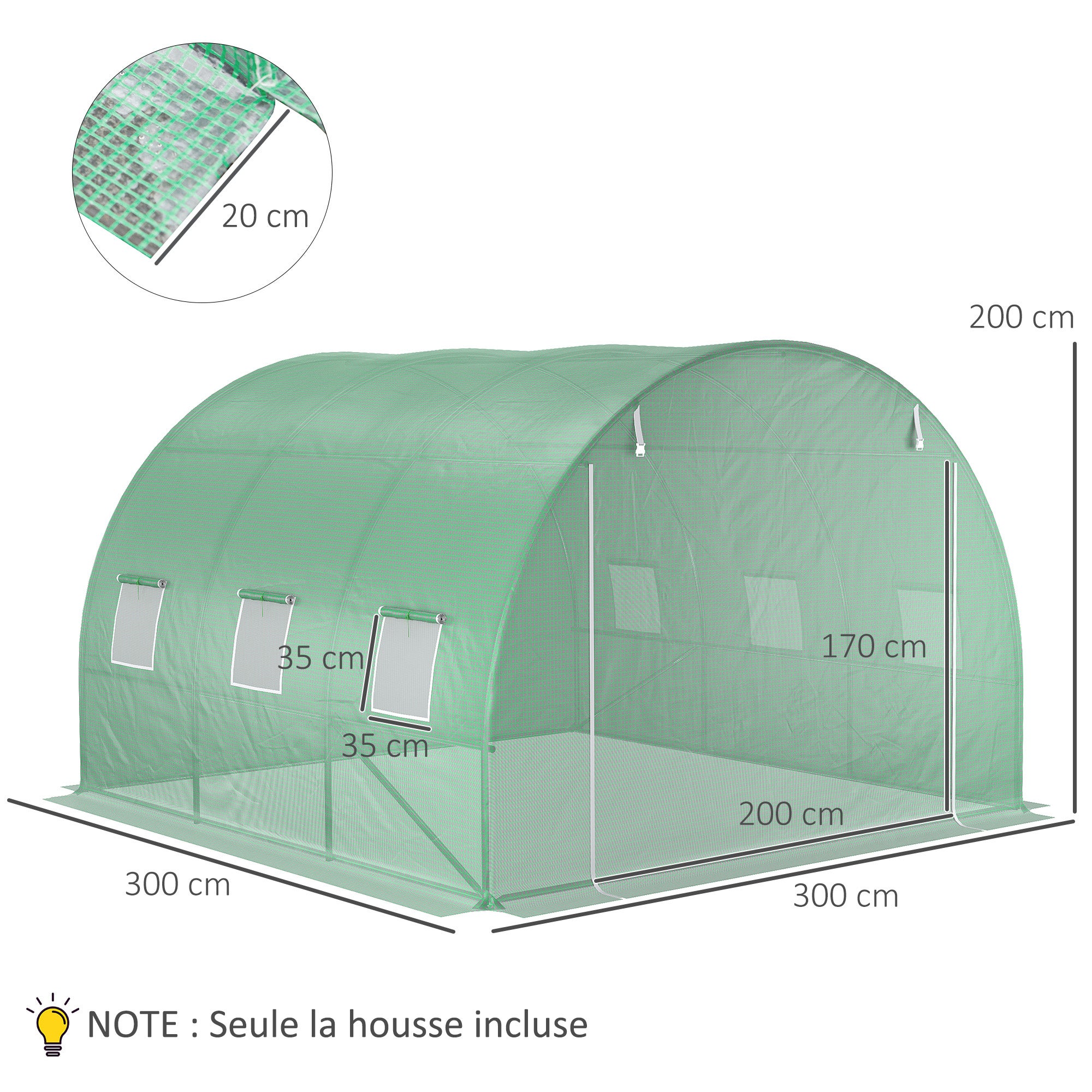 Bâche de Rechange Serre Tunnel 9 m², bâche 3 x 3 x 2 m PE Anti-UV imperméable 6 fenêtres + Porte Enroulable zippée foncé Vert - 5