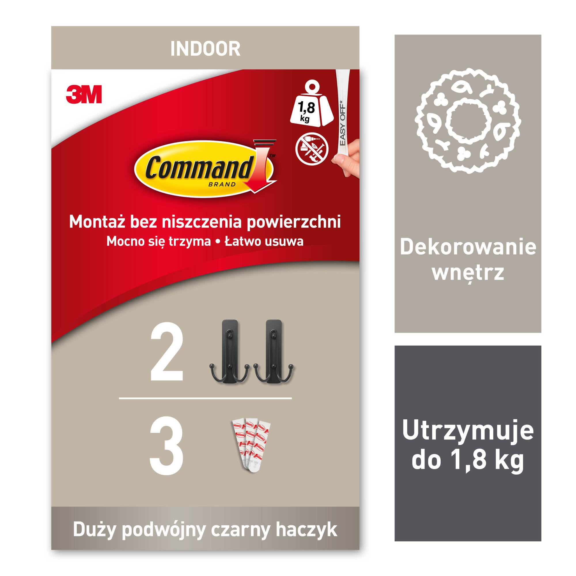 Haczyk podwójny duży czarny mat 2 haczyki + 3 paski Command