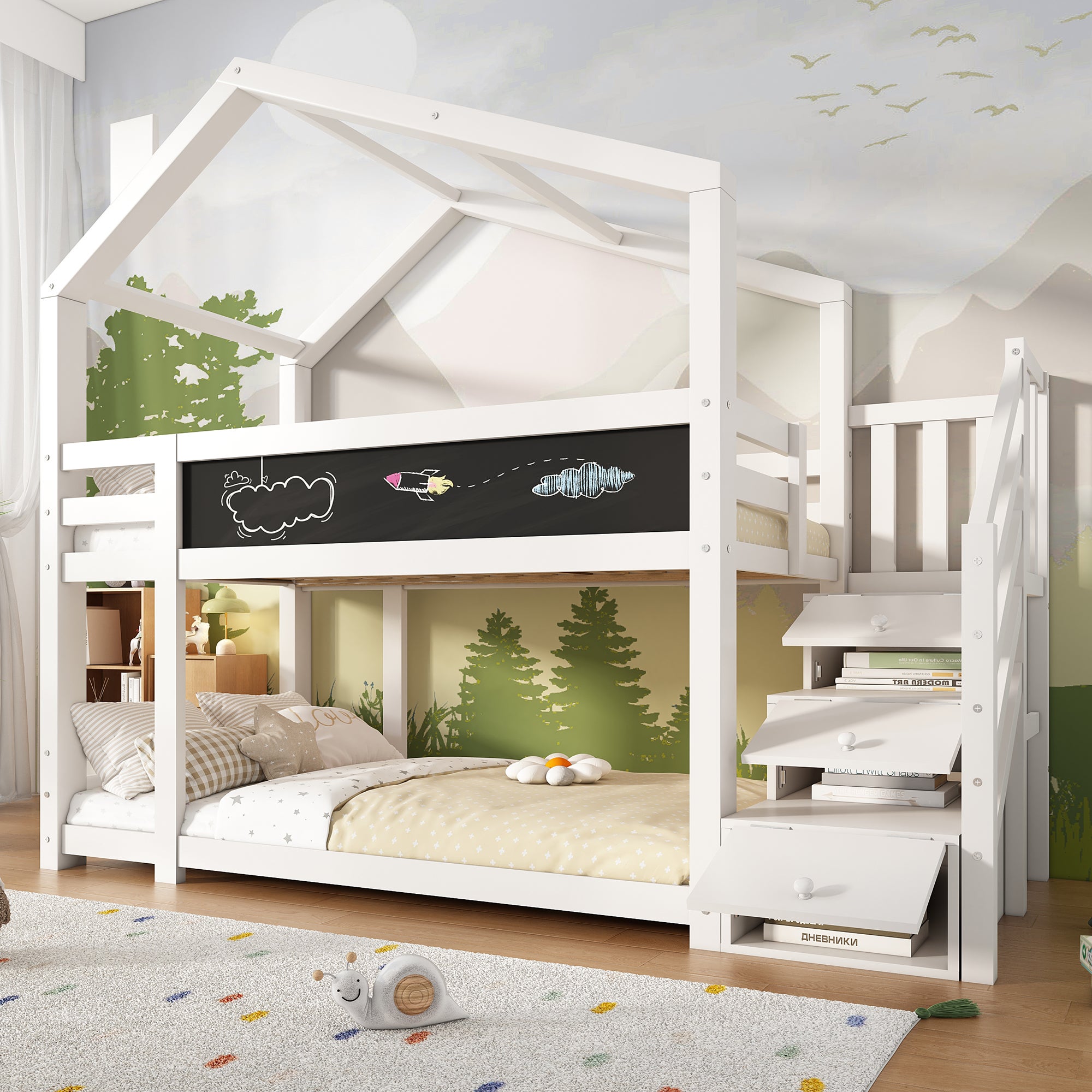 Łóżko piętrowe z pojemnikiem na pościel - 2 x 90 x 200 cm - sosna i płyta MDF - schody i stelaż z listew - białe