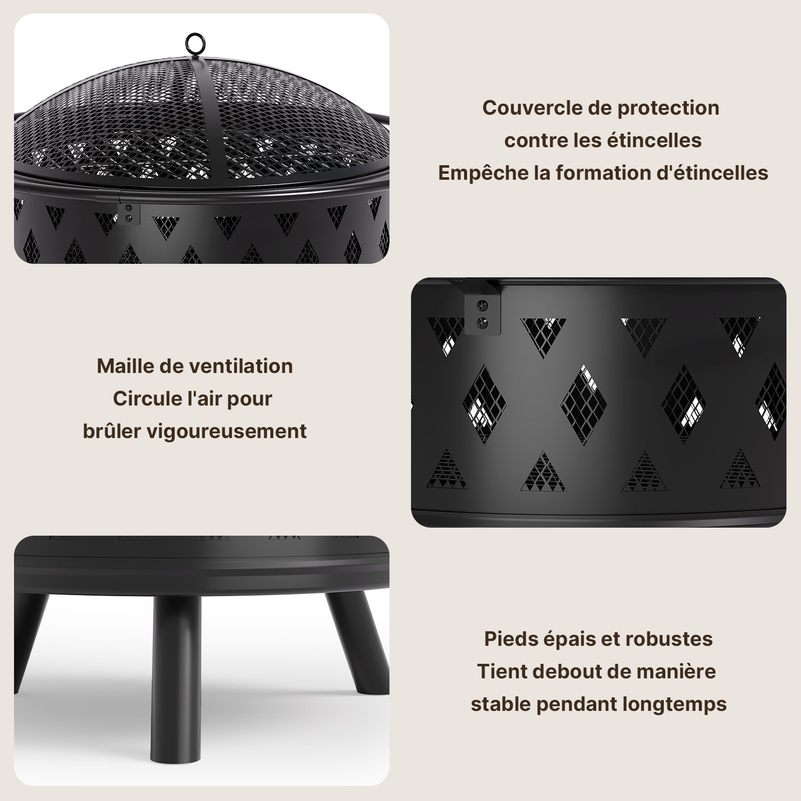 Bealife Brasero Redondo de 83 cm para Jardín Cáscara de Fuego Cesto de Fuego Protector de Parrilla de Acero y Encendedor de Madera - 4