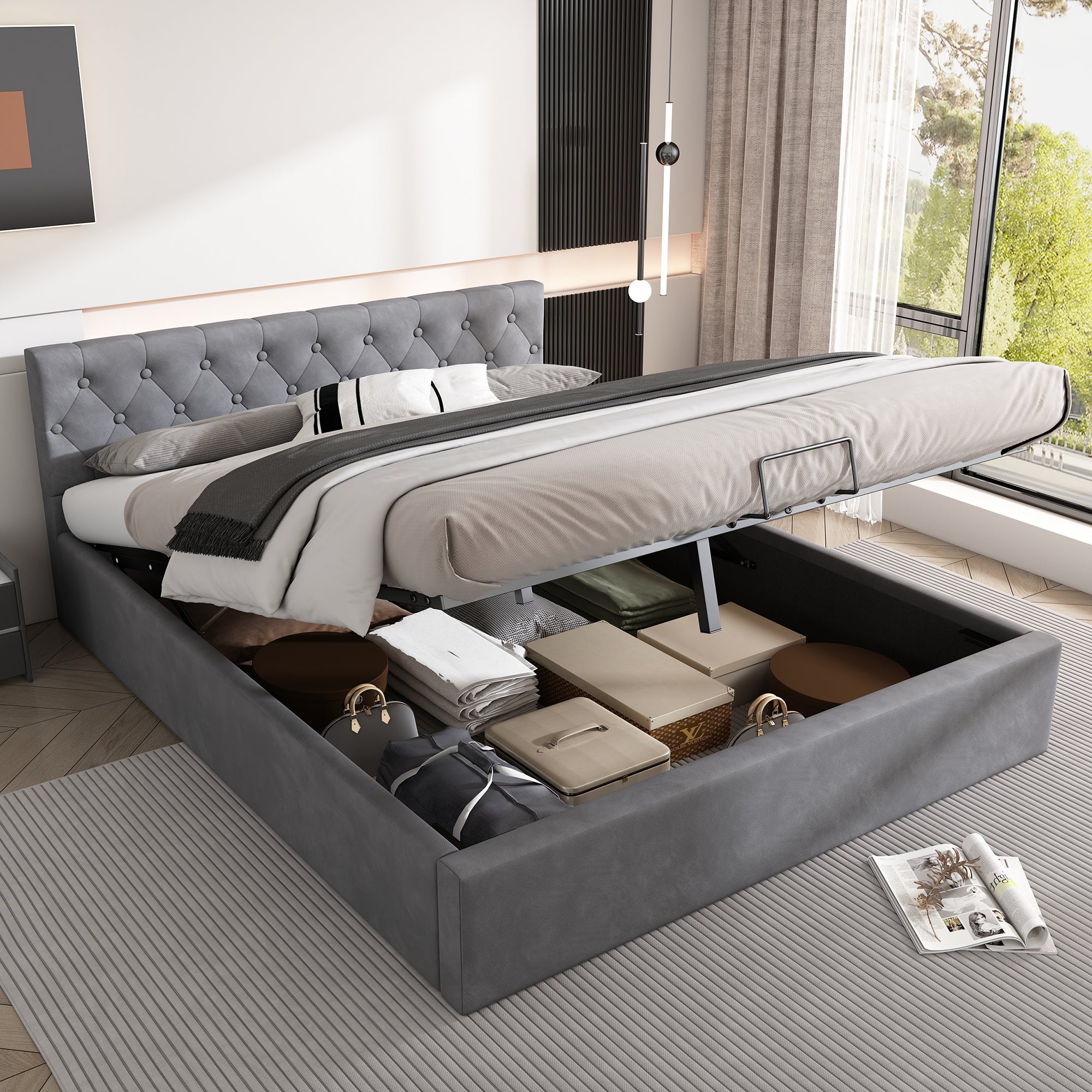 Letto matrimoniale con testiera regolabile e vano contenitore, 160x200