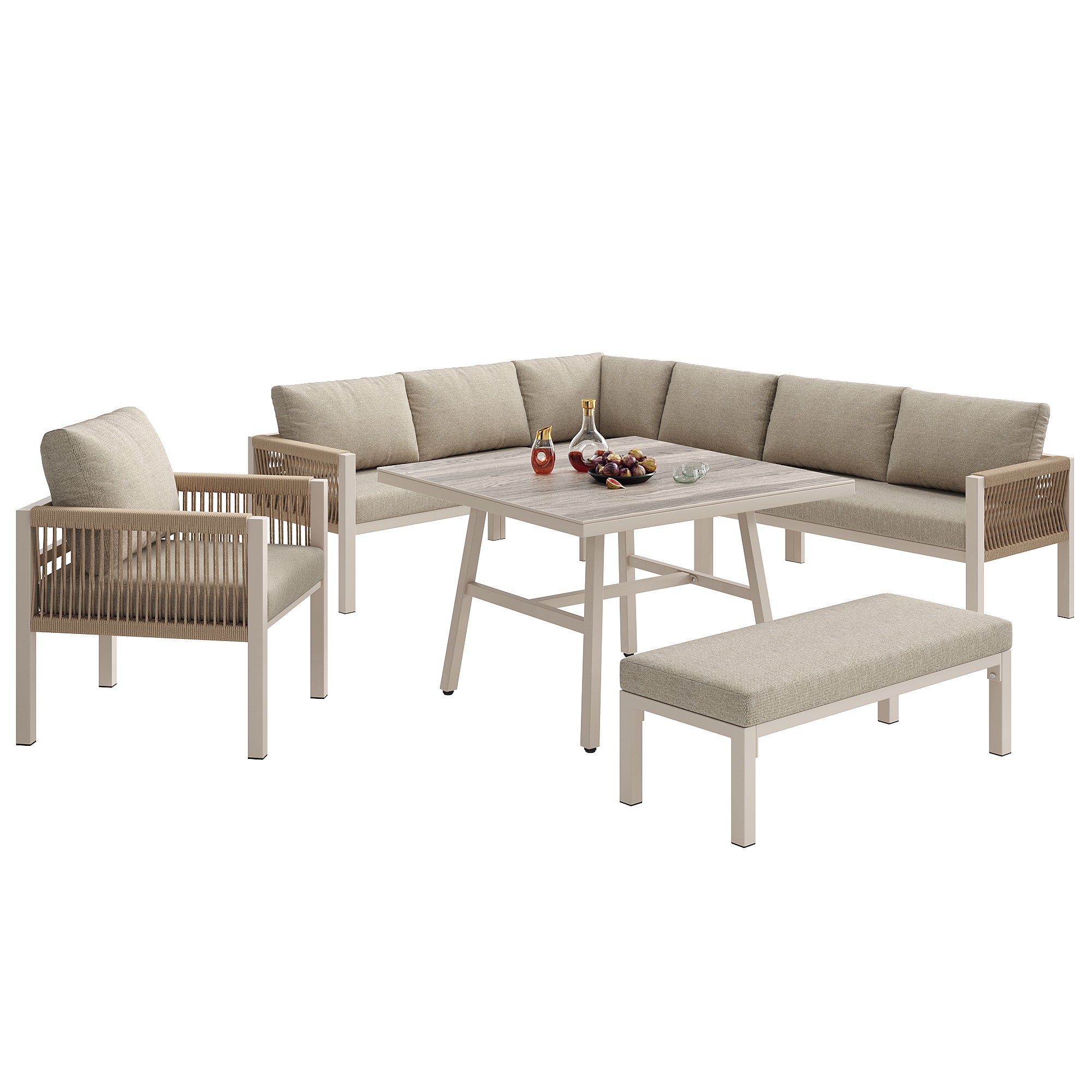 Canapé de jardin en forme de L, jusqu'à 8 personnes, armature en fer avec revêtement, résistant aux intempéries, beige - 6