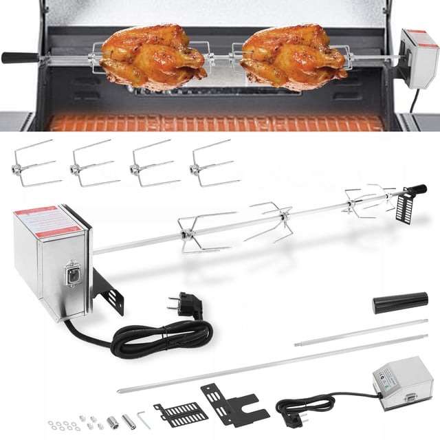 Set spiedini BBQ per barbecue elettrico per grill 117 cm, girarrosto in acciaio inox con motore elettrico