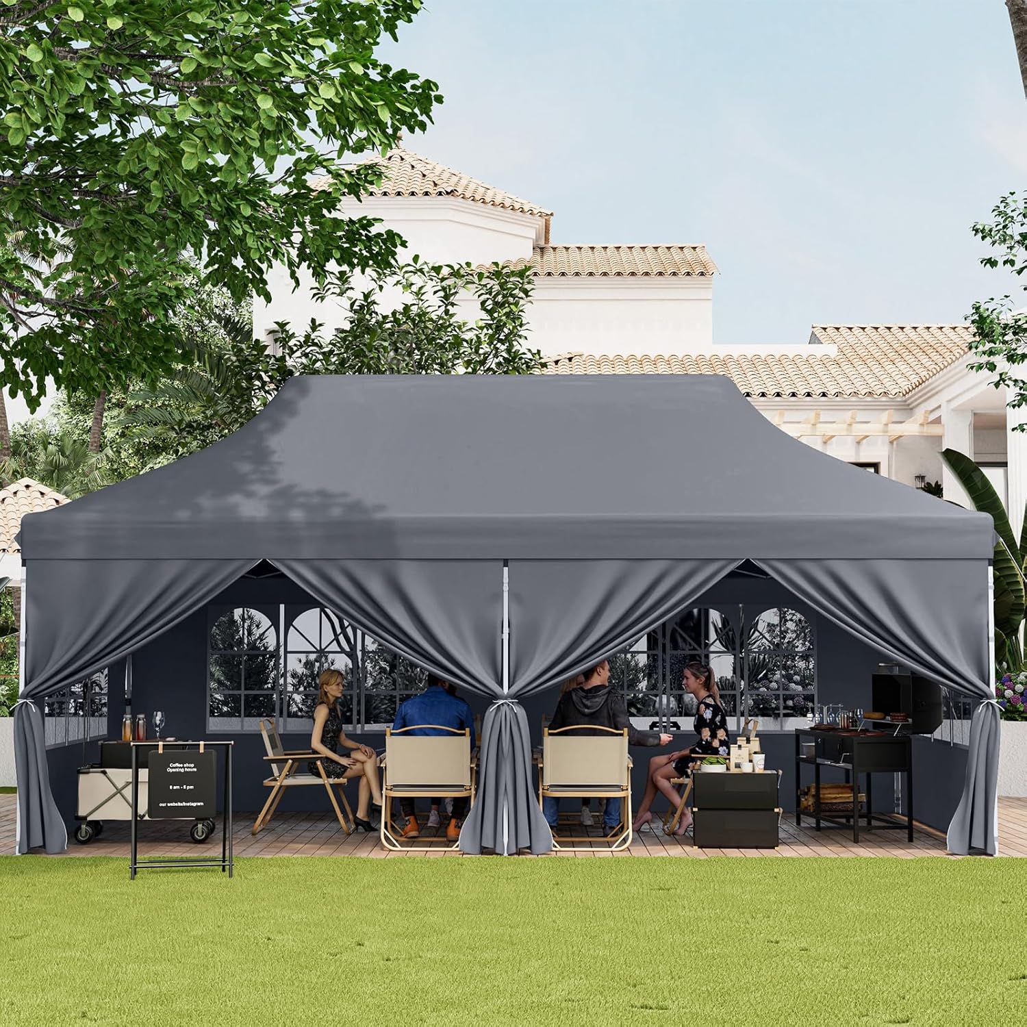 Cenador plegable 3x6 m con 6 paredes laterales, 6 sacos de arena, carpa para fiestas, estructura metálica ajustable, pabellón desplegable, bolsa de t - 2