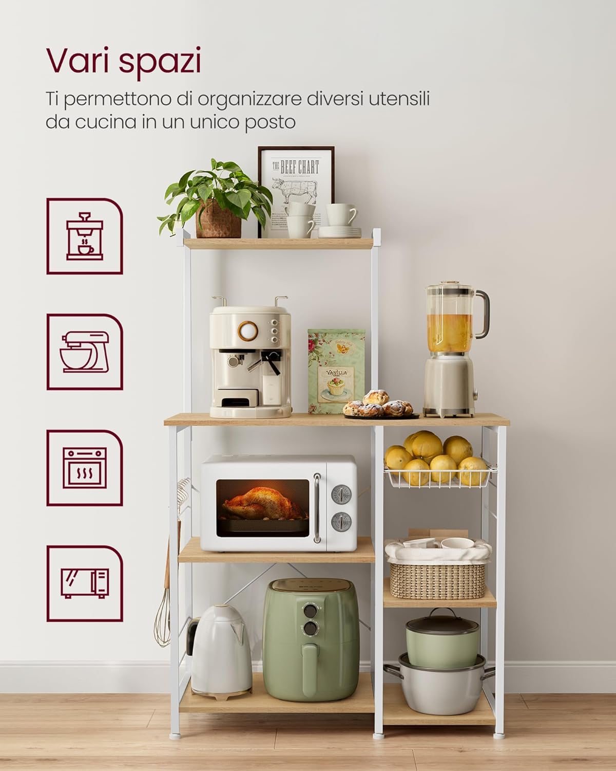 Scaffale da cucina con cestino in metallo, 6 ganci, per spezie, pentole e padelle, moderno, rovere beige e bianco - 3
