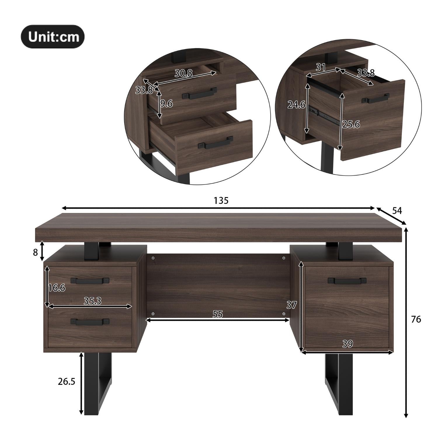 Bureau d'ordinateur 135x54 cm en MDF et acier, 2 tiroirs silencieux, rangement dossiers, plateau épais - 5