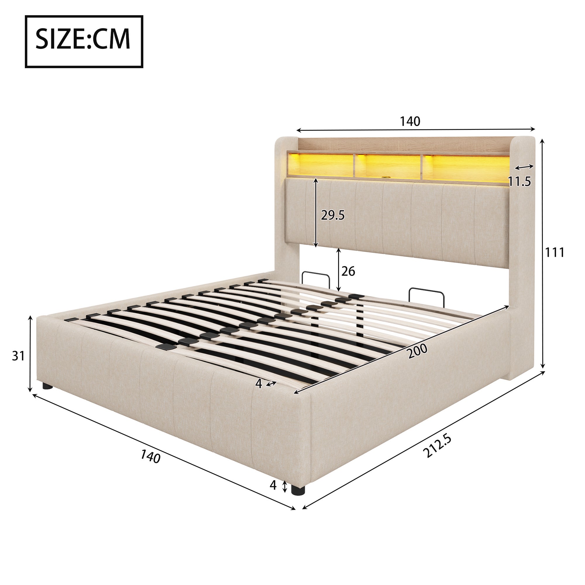Lit coffre adulte 140x200 cm lit double avec éclairage LED, port USB et rangements, en lin, beige - 4