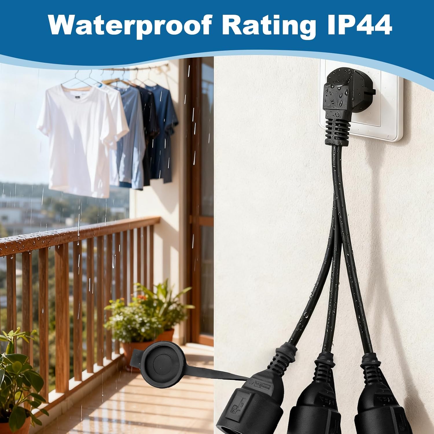 Rallonge extérieure 16 A avec 3 prises Schuko, étanche IP44, multiprise 250 V pour jardin, terrasse ou bureau, câble de protection flexible - 4