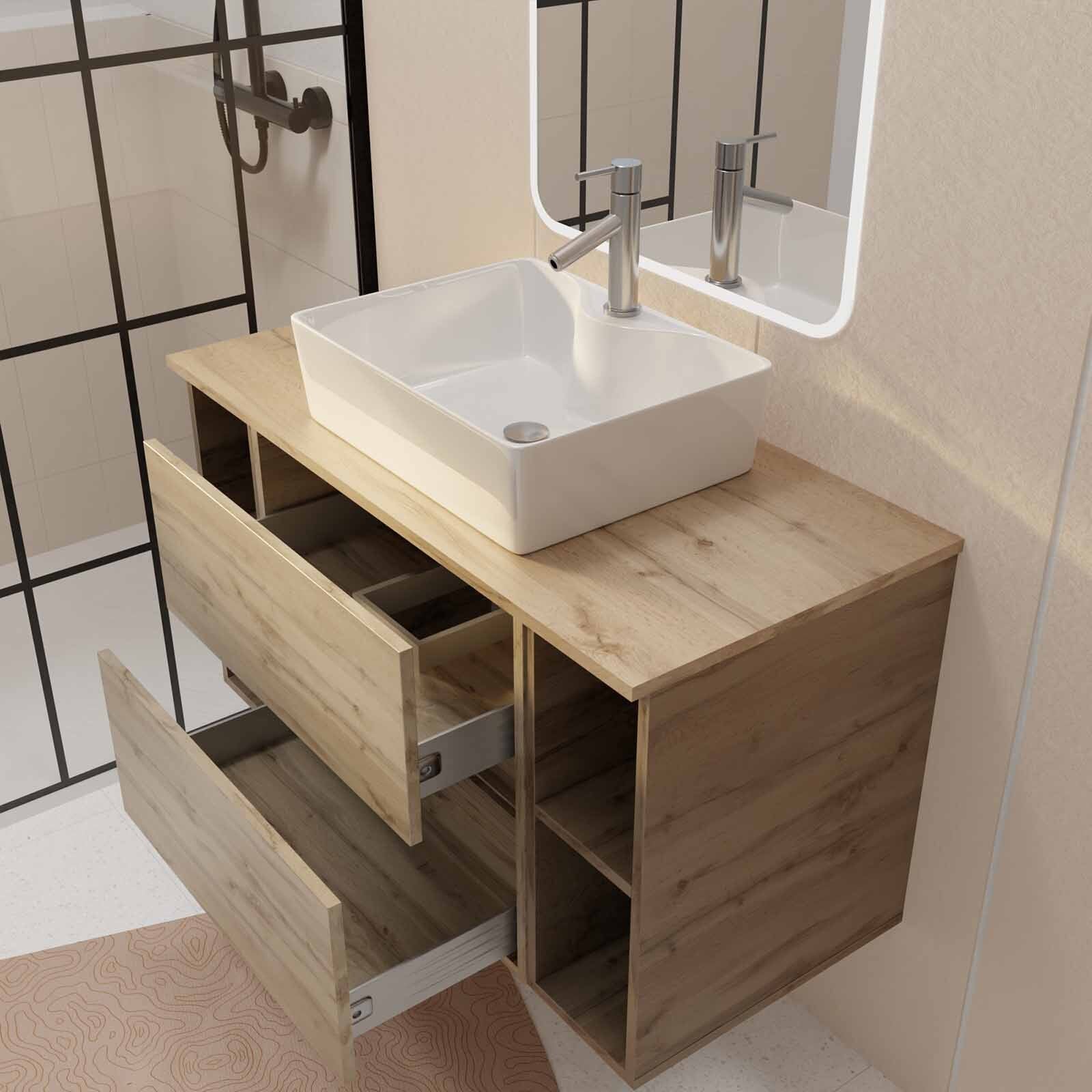 Meuble salle de bains 100 TIMBER Décor Chêne 2 Tiroirs Vasque Blanche Rectangulaire Miroir LED 60x80 - 2