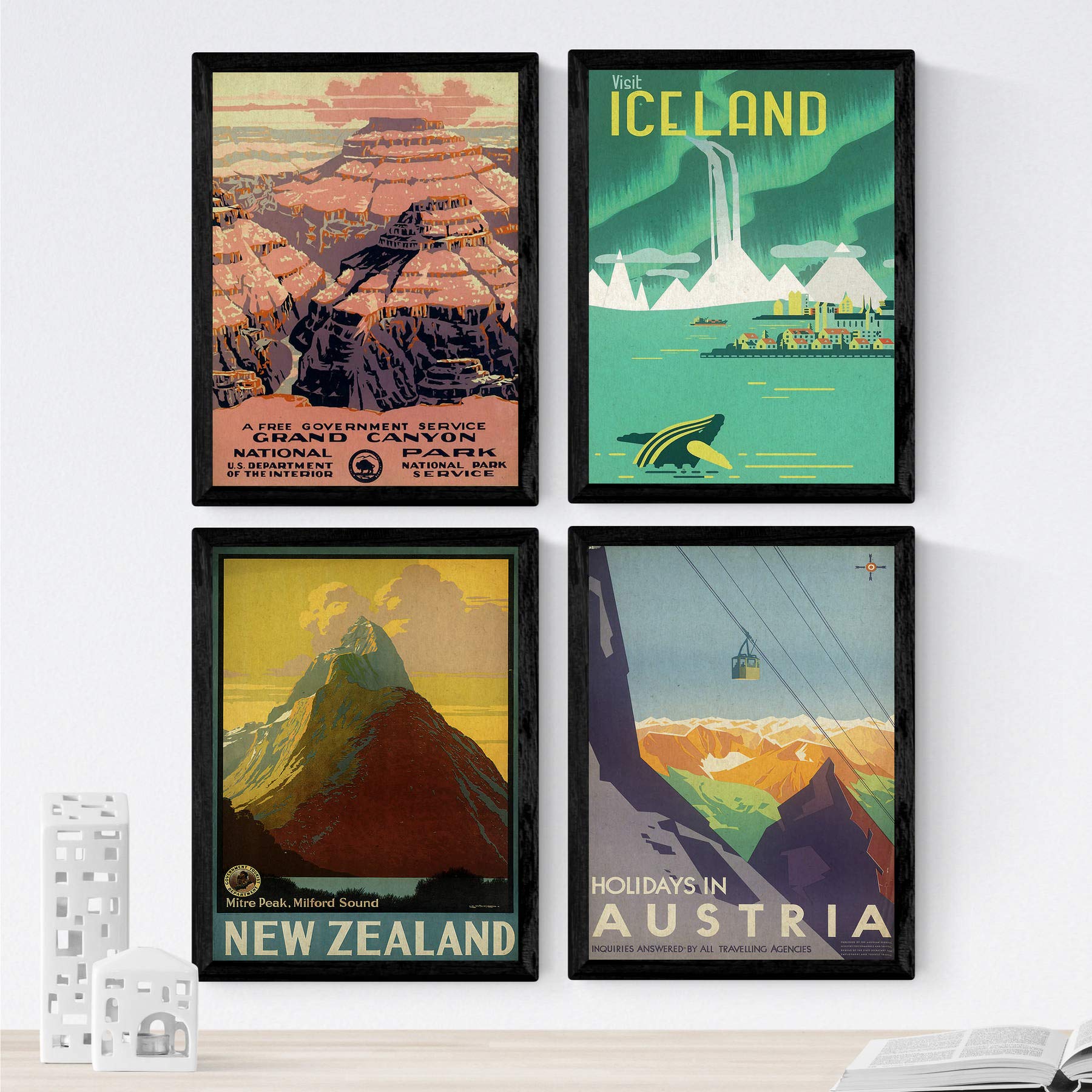 Posters vintage. posters publicidad del mundo. cuatro láminas vintage de montanas y rios. sin marco - a4