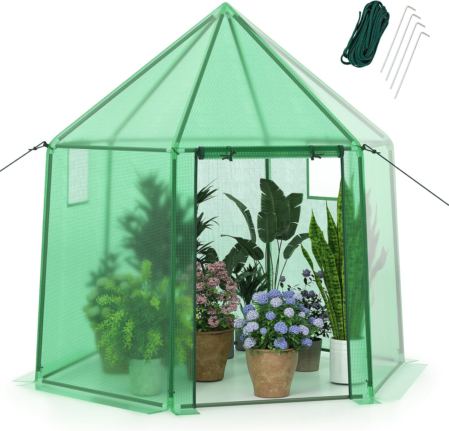 Szklarnia Ogrodowa z Solidną Metalową Ramą, Tunelowa, z 2 Drzwiami i 2 Roletami, Kieszeniami Bocznymi, 181 x 181 x 200 cm (Zielona)