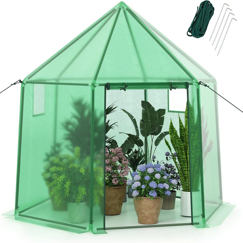 Szklarnia Ogrodowa z Solidną Metalową Ramą, Tunelowa, z 2 Drzwiami i 2 Roletami, Kieszeniami Bocznymi, 181 x 181 x 200 cm (Zielona)