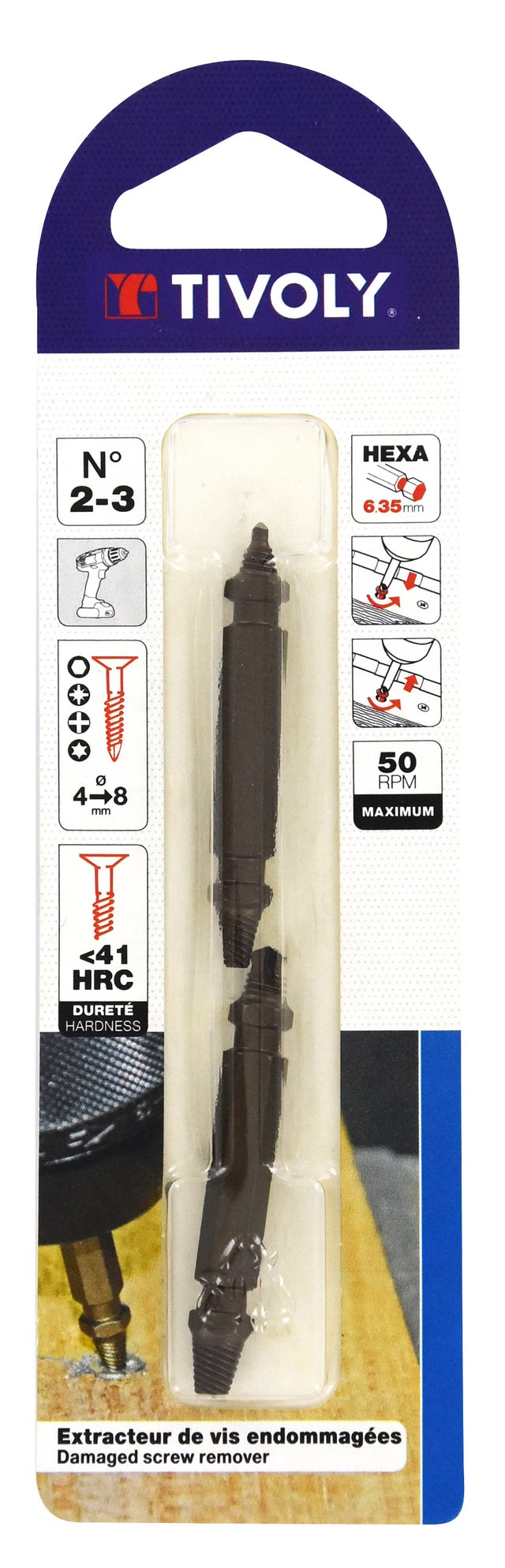 Tivoly • Lot de 2 Extracteurs de vis endommagées 2 doubles pointes • une pointe perçage, une pointe extraction