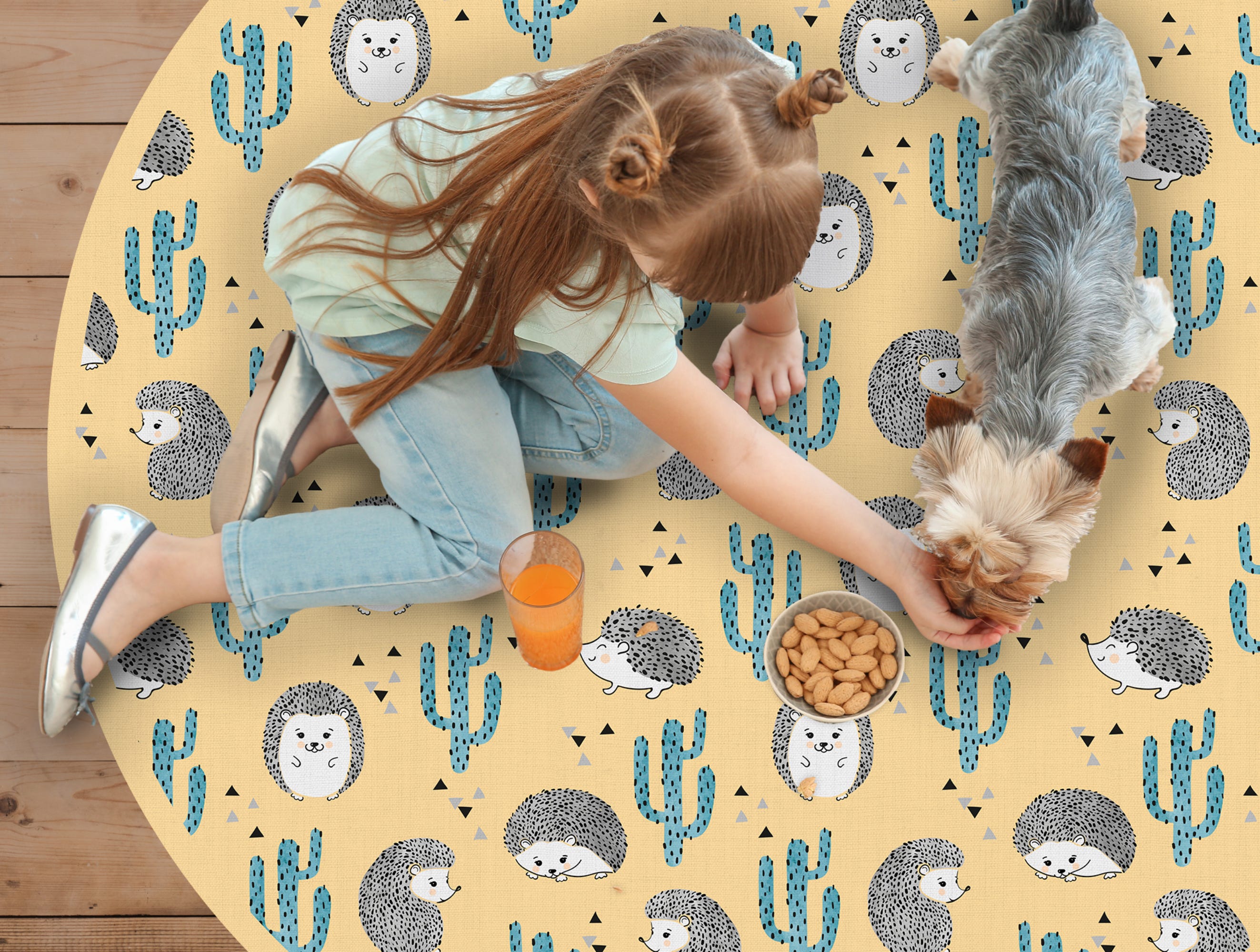 Tapis Rond Shaggy Anti-Dérapant 100x100 Cm – Lion & Cheval Crème, Chambre Enfant & Salon