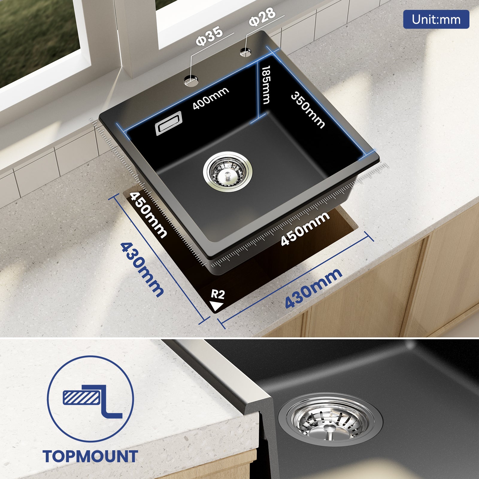 SOFETIY MAX Évier Cuisine Noir 45*45cm ,Évier 1 Bac en Granit, Kit de Vidage,Évier à Encastrer - 6