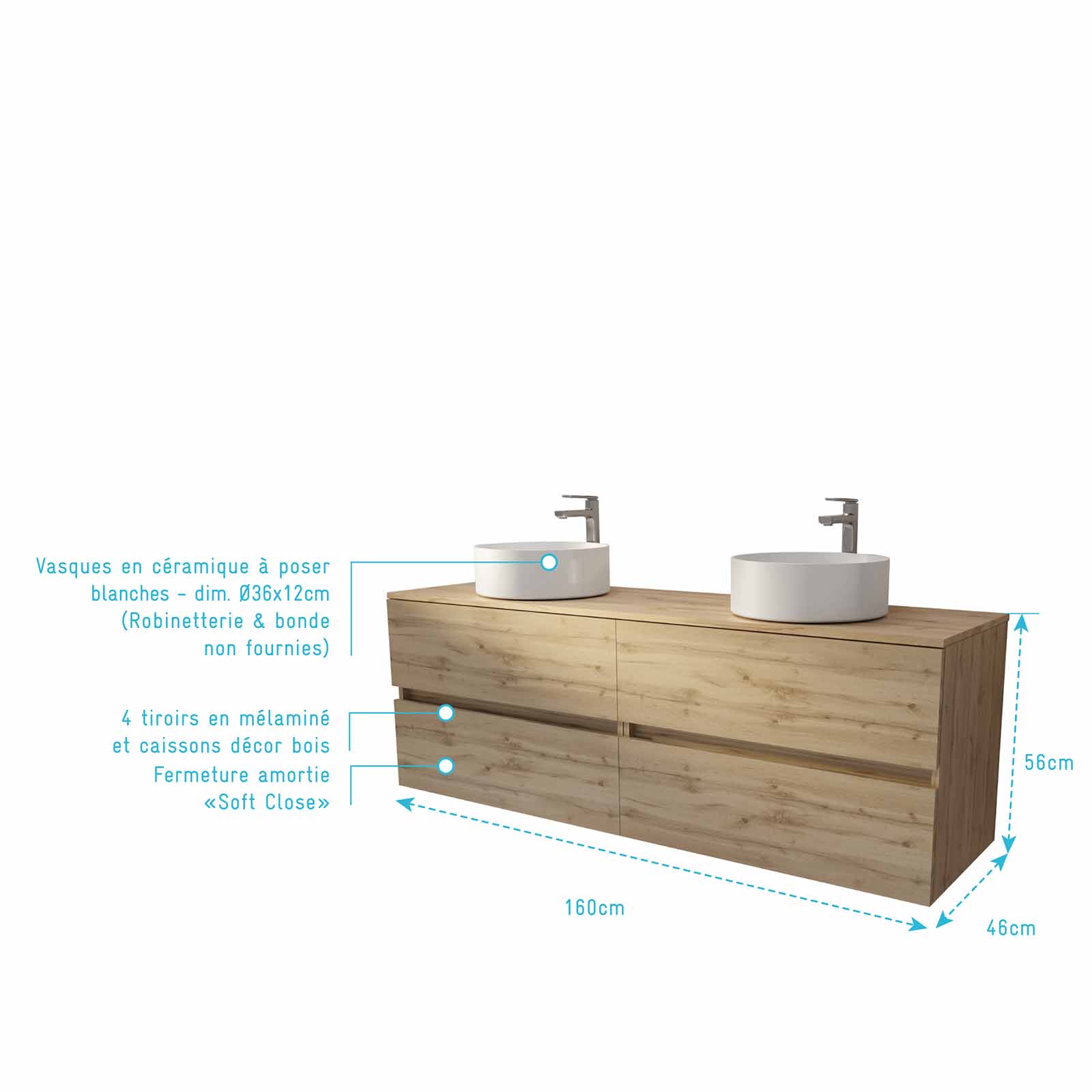 Meuble de salle de bains 160 TIMBER Décor Chêne - 4 Tiroirs - 2 Vasques Rondes Blanches - 4