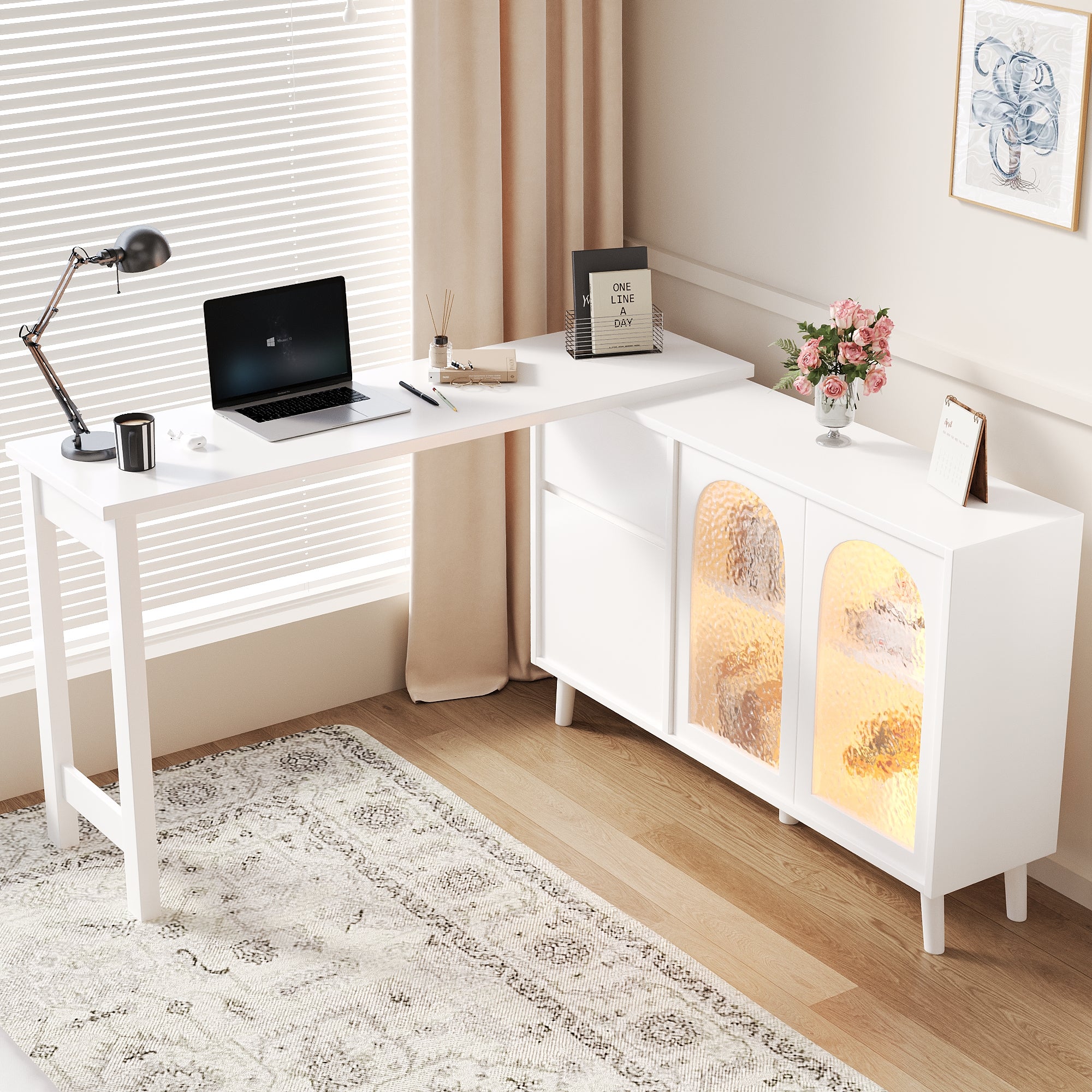 Bureau D'angle Pivotant 360° Blanc Avec Rangement Et Vitrine LED - 120x40x78 Cm - Bureau 2-en-1 Réversible