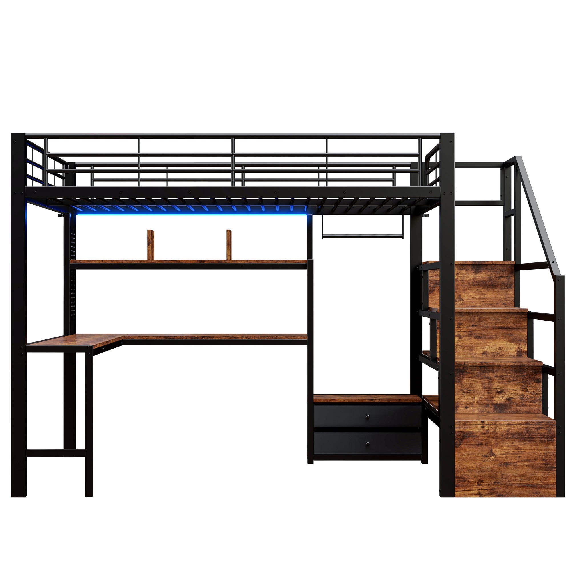 Lit Mezzanine en Métal 140x200 cm avec 2 Tiroirs et Penderie, Lit superposé avec échelle de rangement, Bureau et LED, Lit Double Noir, Sans matelas - 8