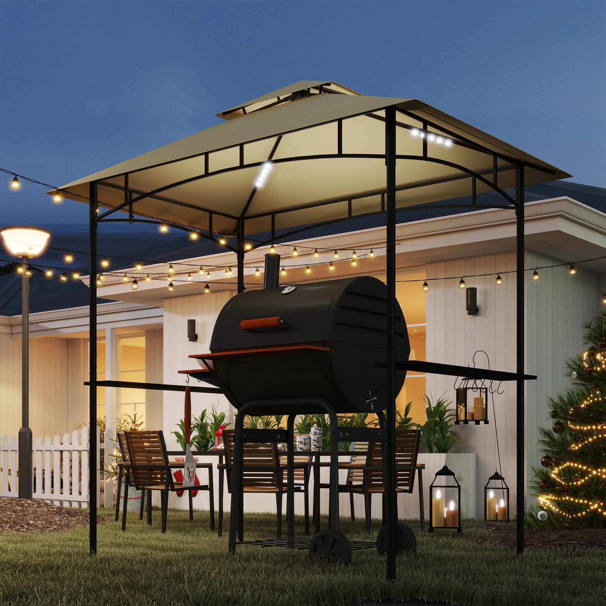 Pavillon de jardin avec barbecue, éclairage LED, 240 x 150 x 258 cm, hydrofuge et ignifugé, à double toiture. - 9