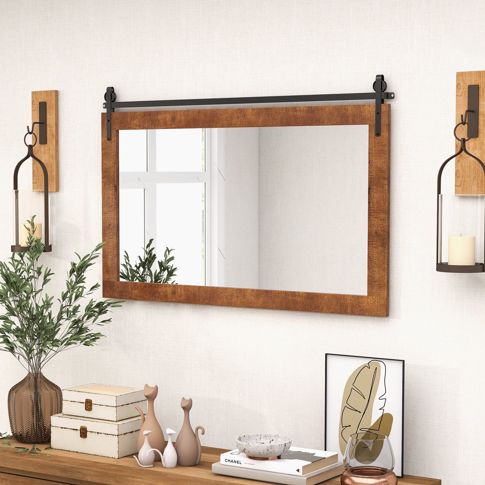 Miroir Mural Rectangulaire 100 X 66CM, Cadre en Bois Massif, Style Porte de Grange, Support en Métal, Réflexion HD, Grand Miroir Mural Rustique,Marron - 2