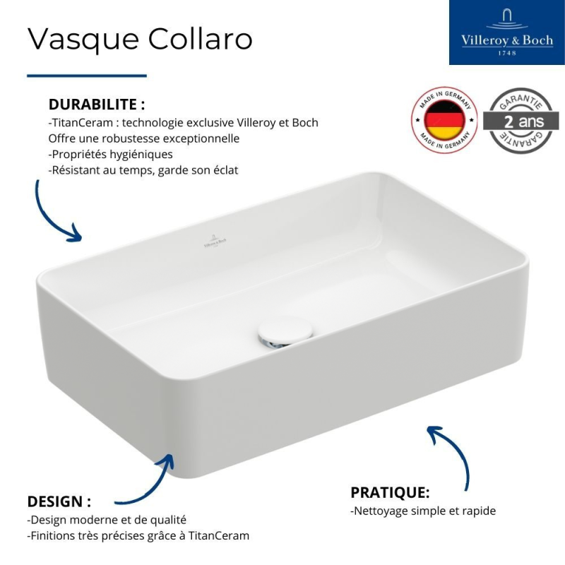 Vasque a poser rectangle VILLEROY ET BOCH Collaro Blanc - 3