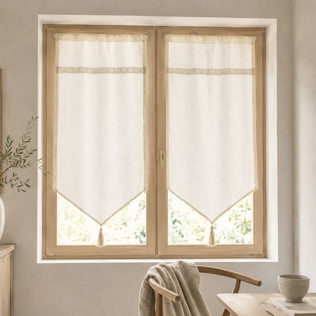 Paire de voilages à parement en macramé cœurs - Ivoire - 45x120 cm - Polyester