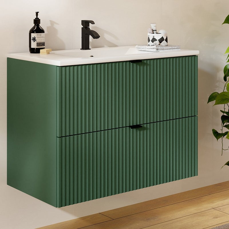 Szafka łazienkowa wisząca w paski z umywalką do zabudowy – zielona matowa – 80 cm – ZEVINI