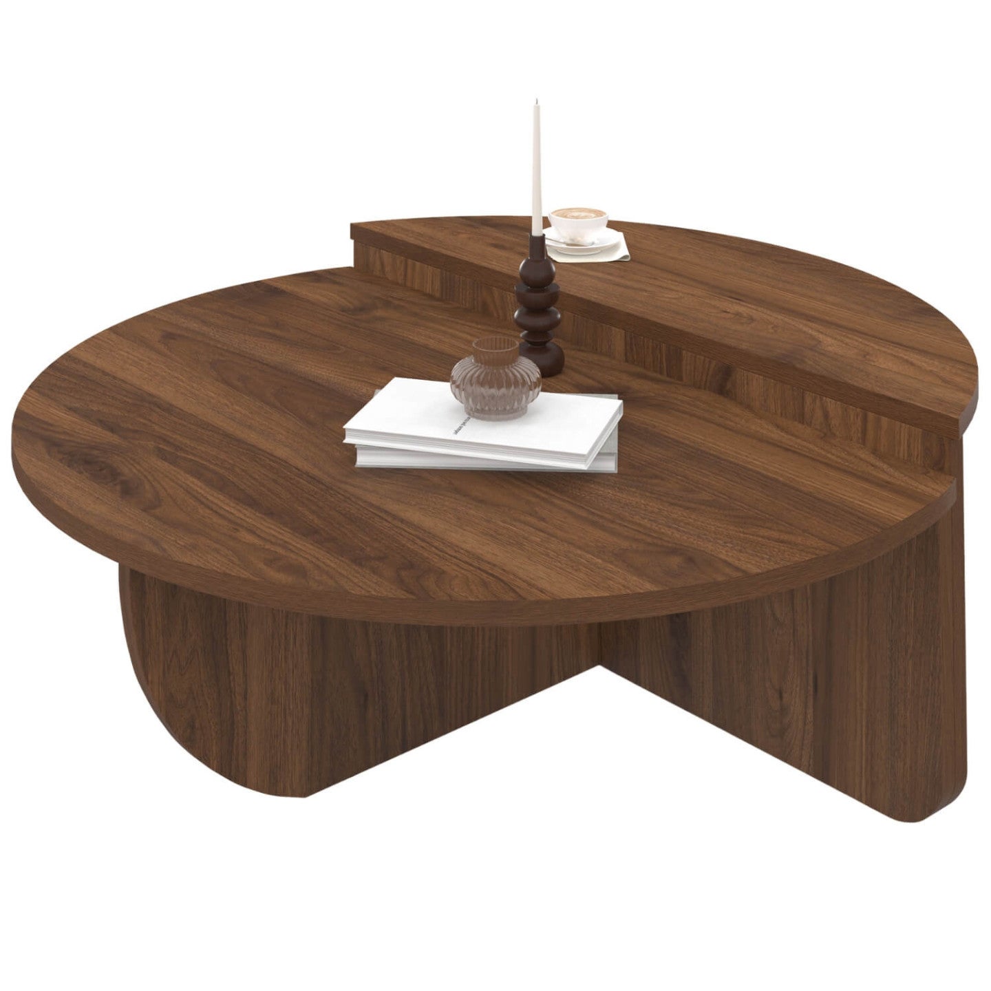 Lot de 2 tables basses rondes GUILIA 90 cm asymétriques effet noyer - 2