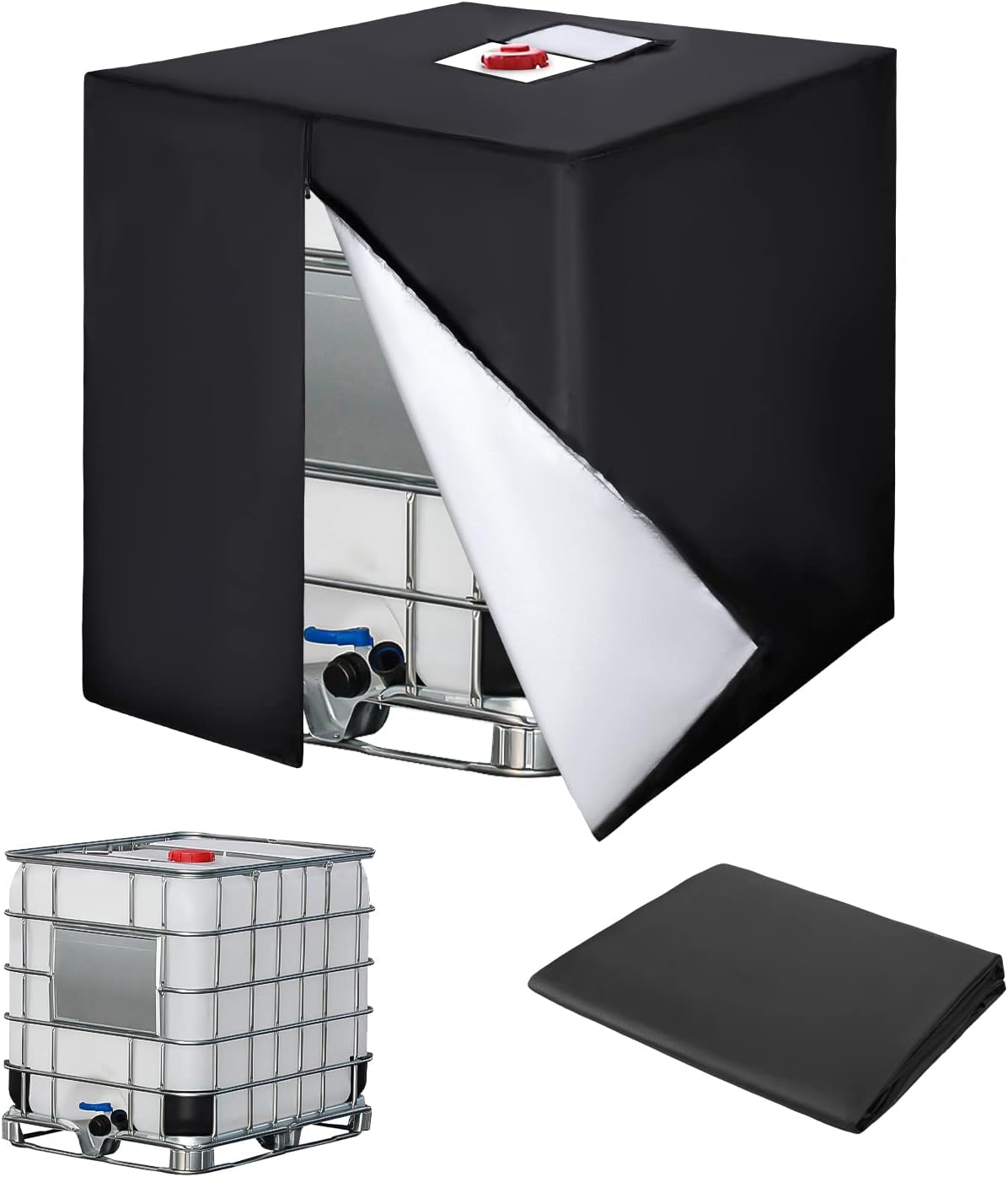 Pokrywa zbiornika IBC 1000 l - pokrywa zbiornika na wodę 420D - ochronna pokrywa zbiornika IBC z zamkiem błyskawicznym, 120 x 100 x 116 cm - czarna