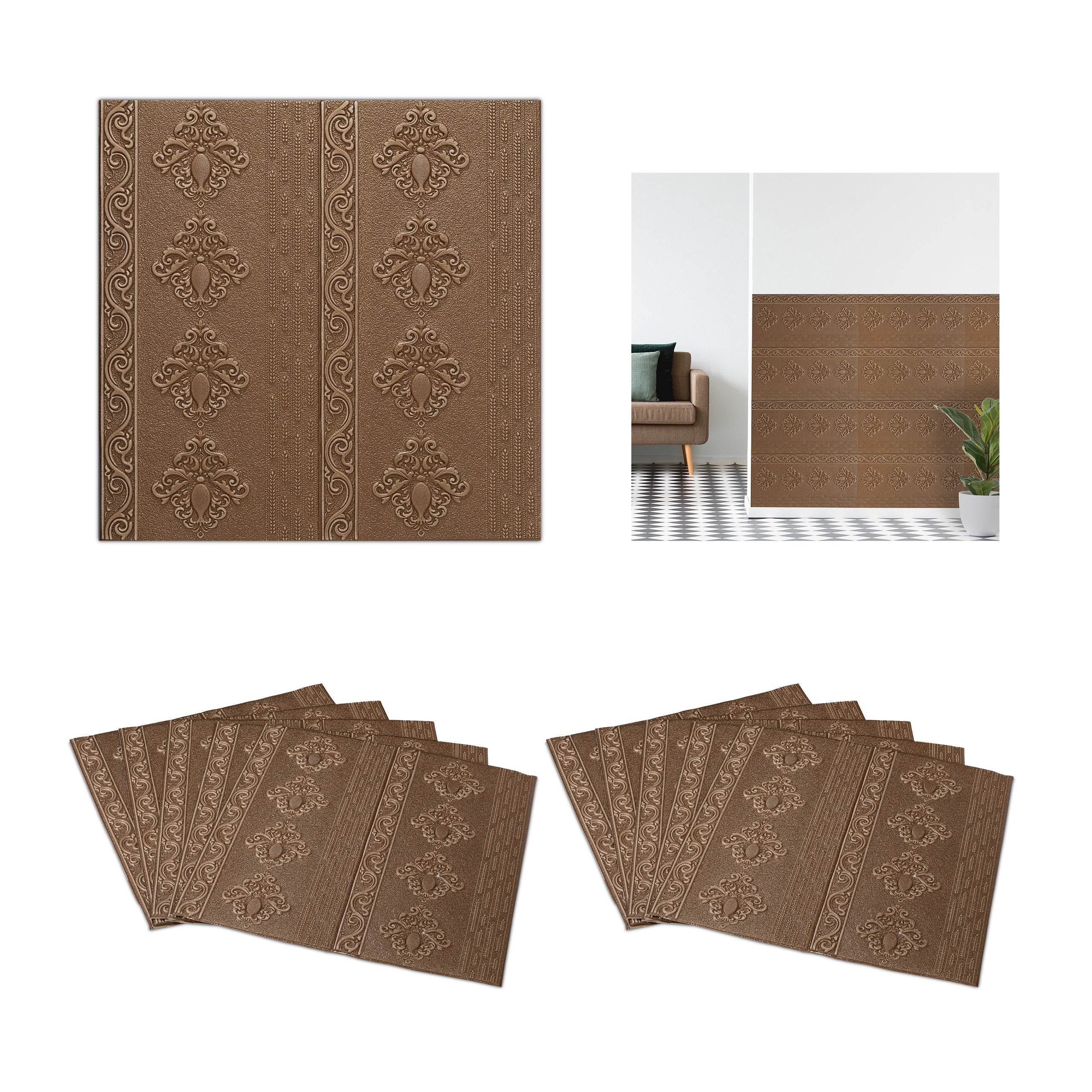 Relaxdays paneles pared set 10, autoadhesivos, cortar a medida, relieve, revestimiento barroco, 70x70 cm, color marrón