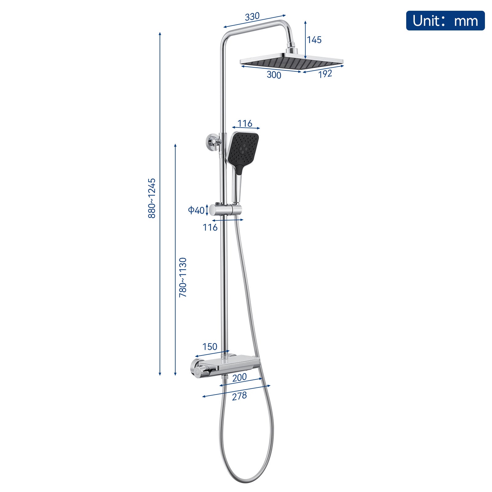 Colonne de douche thermostatique 38°C chromée avec tablette en verre trempé, douche pluie 12 pouces,douchette 3 jets, réglable en hauteur - 7