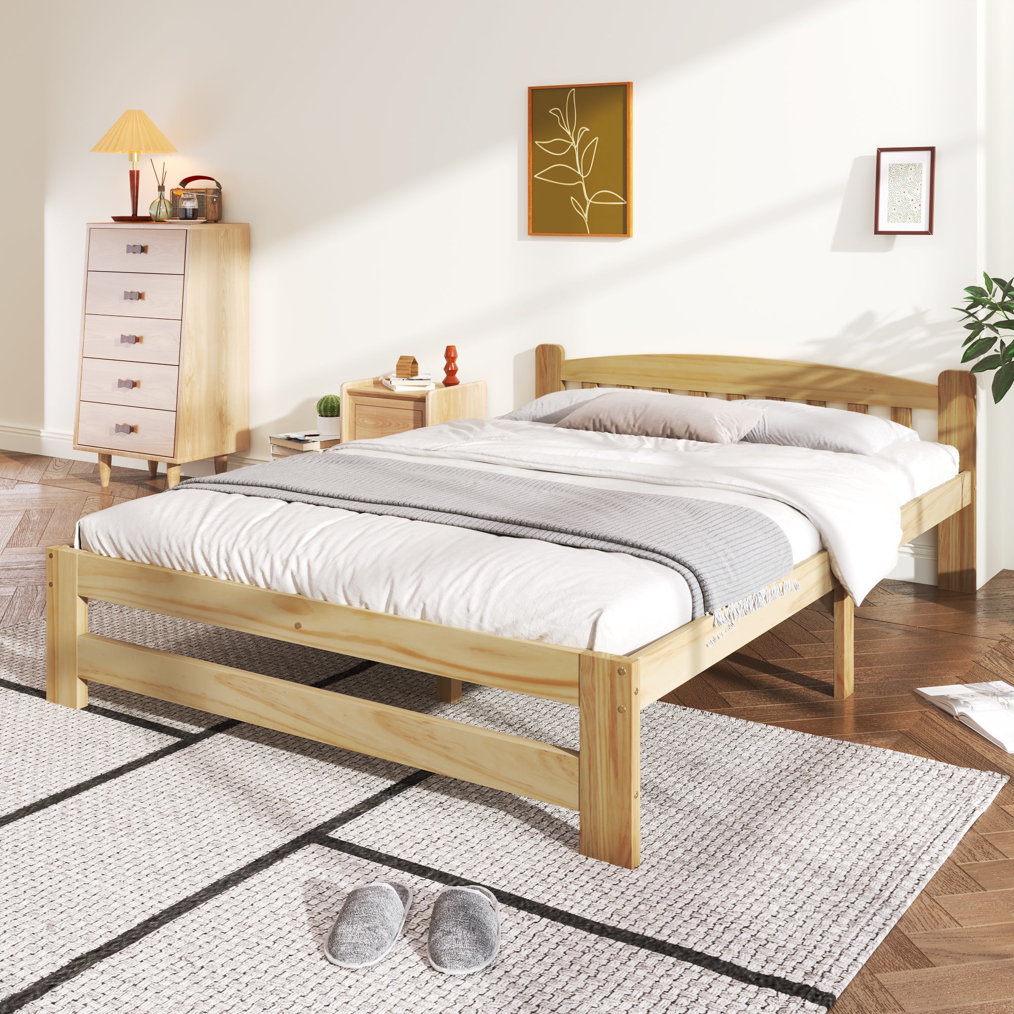 Lit 140x200 cm en pin massif naturel, sommier à lattes inclus, cadre de lit robuste avec pied central, Natural - 3