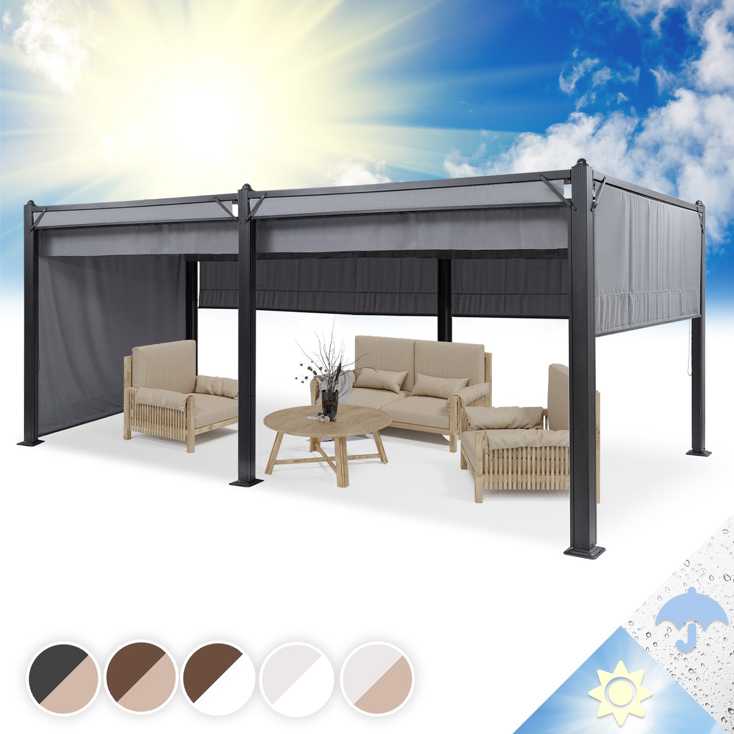Pergola Jardin 3x6m Toit Coulissant - Tonnelle Avec Rideaux UPF30+ Gris